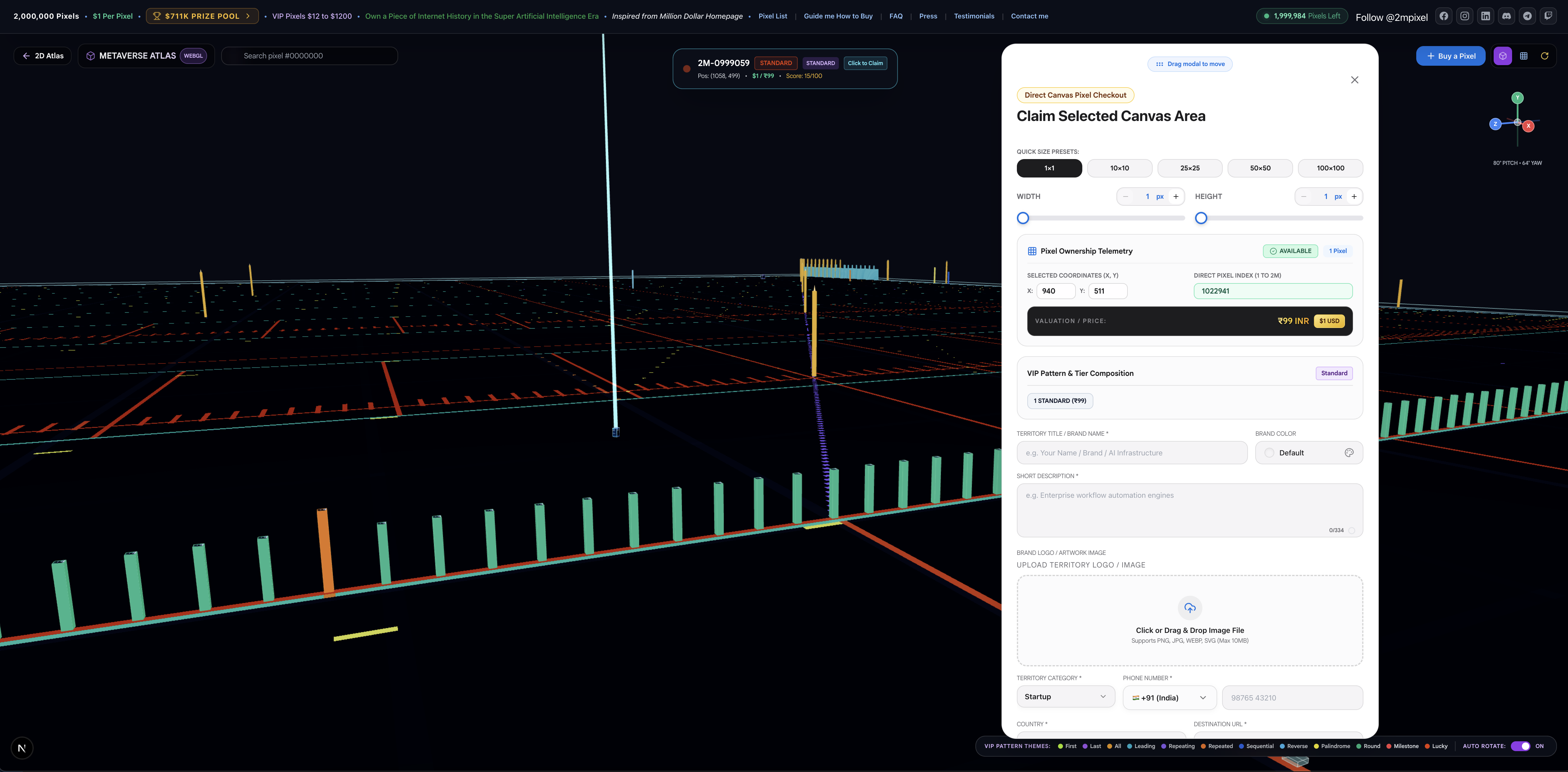 3D Metaverse Atlas with cyan spotlight beam and side-by-side claim modal