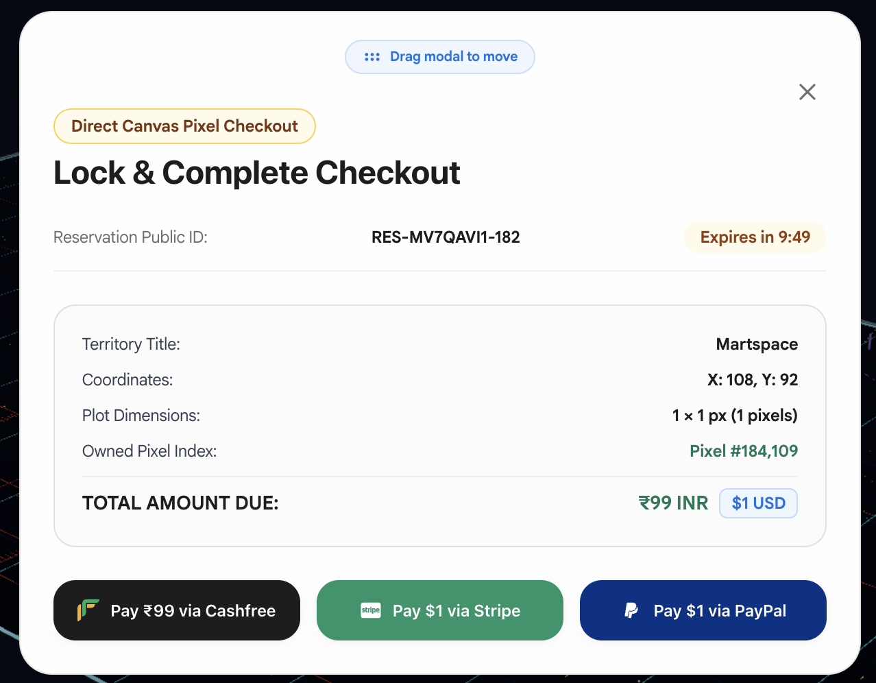 Lock & Complete Checkout modal showing 10-minute timer and Cashfree, Stripe, and PayPal buttons